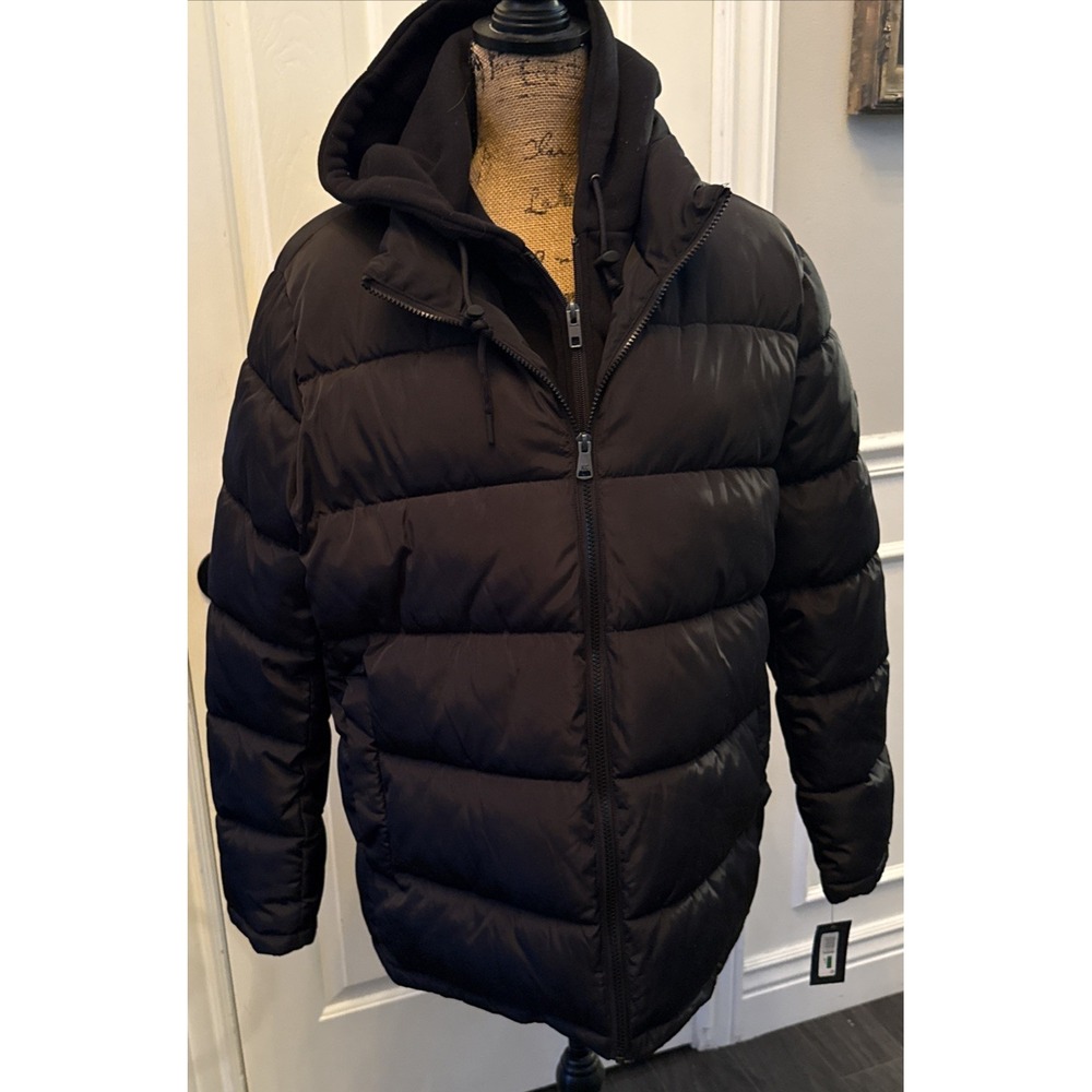 Kenneth Cole Puffer Coat Men Large Black New Attached Jersey Hood